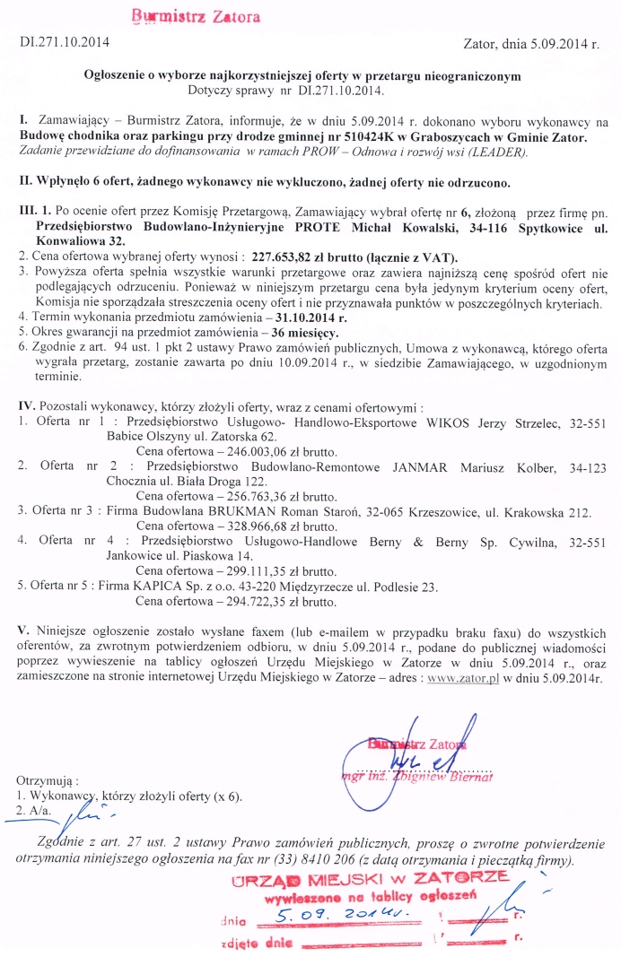 Ogłoszenie - Dotyczy sprawy nr DI.271.10.2014